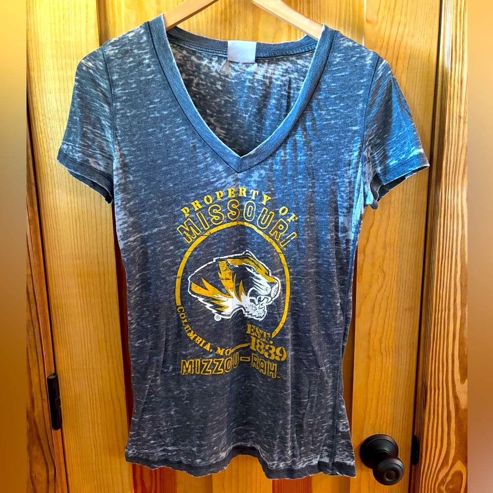 Ladies collegiate Mizzou/University of Missouri v-neck tee.